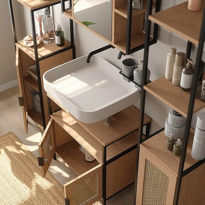 Vicco Badmöbel-Set - Eiche, Matt - Weißes quadratisches Waschbecken mit schwarzem Wasserhahn, integriert in eine hölzerne Badmöbel-Einheit mit schwarzen Metallregalen.