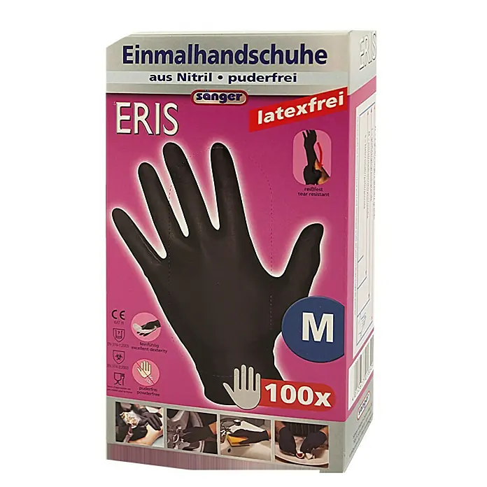 Sänger Einmalhandschuhe Eris - M, Schwarz, Nitril, 100 Stk. - Eine Packung ERIS Einmalhandschuhe aus Nitril, puderfrei, Größe M, 100 Stück. Latex-freie, reißfeste Handschuhe für ausgezeichnete Fingerfertigkeit.