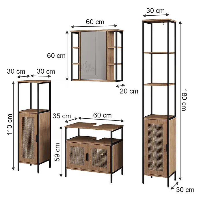 Vicco Badmöbel-Set - Eiche, Matt - Modernes Badmöbel-Set in Holzoptik mit schwarzen Metallrahmen und Rattan-Akzenten, inklusive Schränke, Spiegel und Regale.