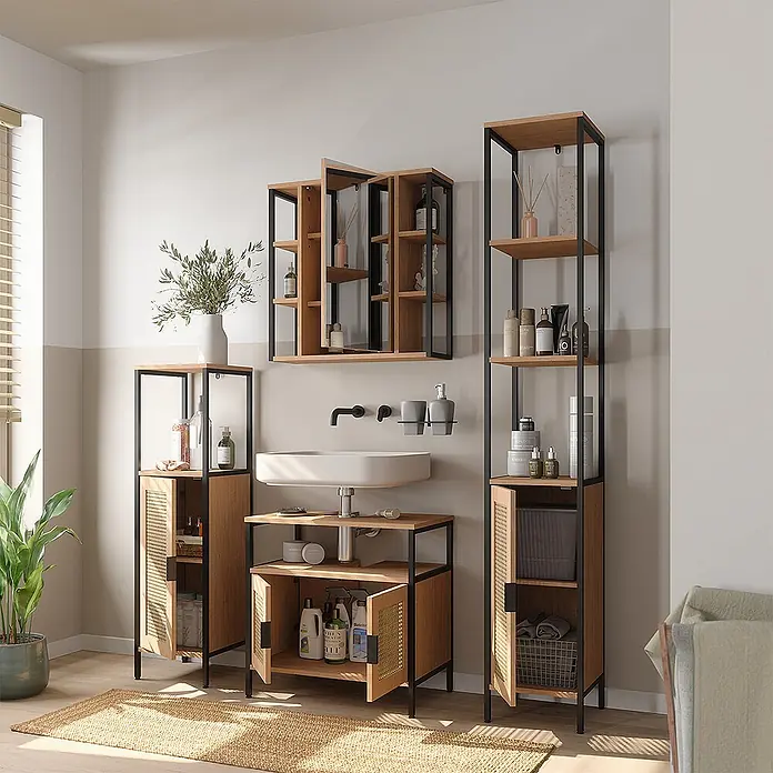 Vicco Badmöbel-Set - Eiche, Matt - Badezimmermöbel-Set aus hellem Holz und schwarzen Metallrahmen, mit Waschtisch, Hochschränken und Wandschrank mit Spiegel.