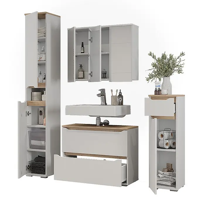 Vicco Badmöbel-Set Ruben, Weiß/Artisan-Eiche 80.2 cm -  - Komplettes Badmöbelset in Weiß mit hellen Holzdetails: Hochschrank, Waschtisch mit Waschbecken, Wandschrank und Beistellschrank für Stauraum.