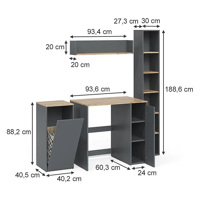 Badmöbel-Set Viktor 30 cm Anthrazit Art.-Nr. 59168 -  - Dunkelgraues und Eiche-Optik Modulmöbelset mit Schreibtisch, Regal, Wandregal und Wäschesammler.
