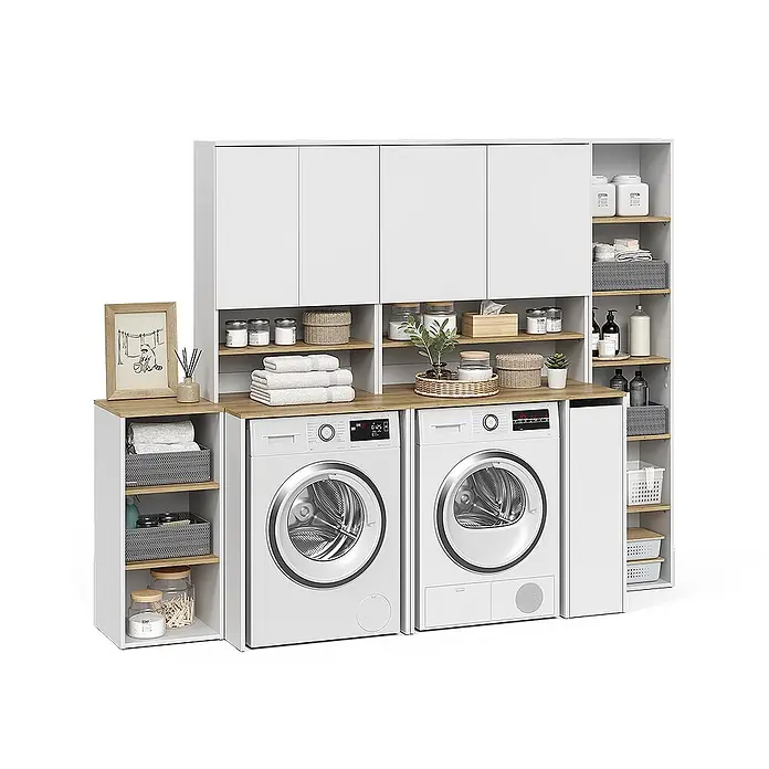 Vicco Badmöbel-Set Viktor, Weiß/Artisan-Eiche -  - Weißes Waschküchen-Aufbewahrungssystem mit hellen Holzplatten, integrierten Regalen und Schränken für Waschmaschinen.