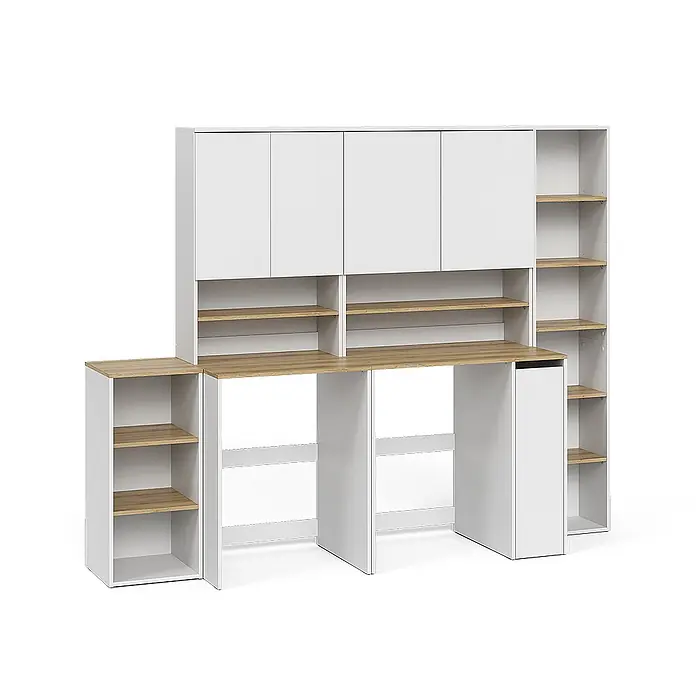 Vicco Badmöbel-Set Viktor, Weiß/Artisan-Eiche -  - Weißes und eichenfarbenes modulares Schreibtischsystem mit Oberschränken, offenen Regalen und Seitenregalen.