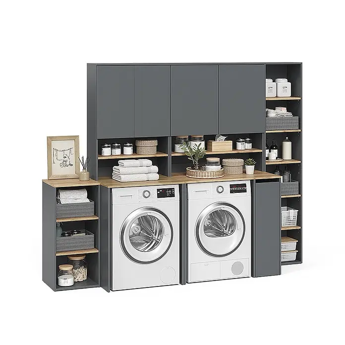 Vicco Badmöbel-Set Viktor, Anthrazit/Goldkraft Eiche -  - Dunkelgraues Waschküchen-Organisationssystem mit hellen Holzdetails, integrierter Waschmaschine und Trockner sowie offenen Regalen.