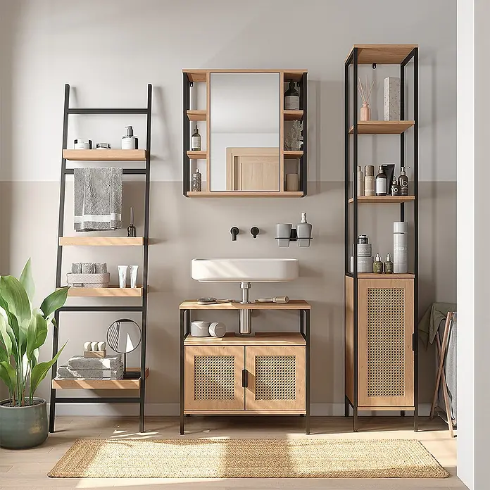 Vicco Badmöbel-Set - Eiche, Matt - Badezimmermöbel-Set aus hellem Holz, schwarzem Metallrahmen und Rattan-Akzenten, bietet Stauraum und Waschtischlösungen.