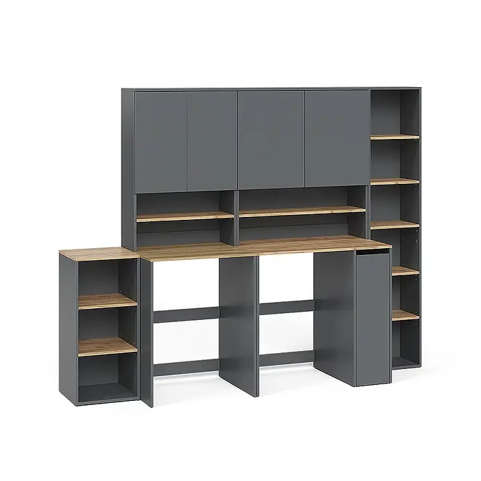 Vicco Badmöbel-Set Viktor, Anthrazit/Goldkraft Eiche -  - Modulares anthrazitfarbenes Schreibtischregal mit heller Holzplatte und Regalen, inklusive Hängeschränken und Seitenstauraum.