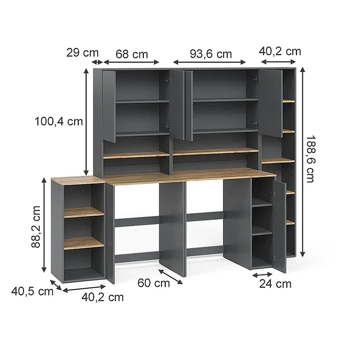 Badmöbel-Set Viktor 40 cm Anthrazit Art.-Nr. 59173 -  - Grauer und holzfarbener Schreibtisch mit integrierten Regalen und Schränken, für Arbeitszimmer oder Büro.