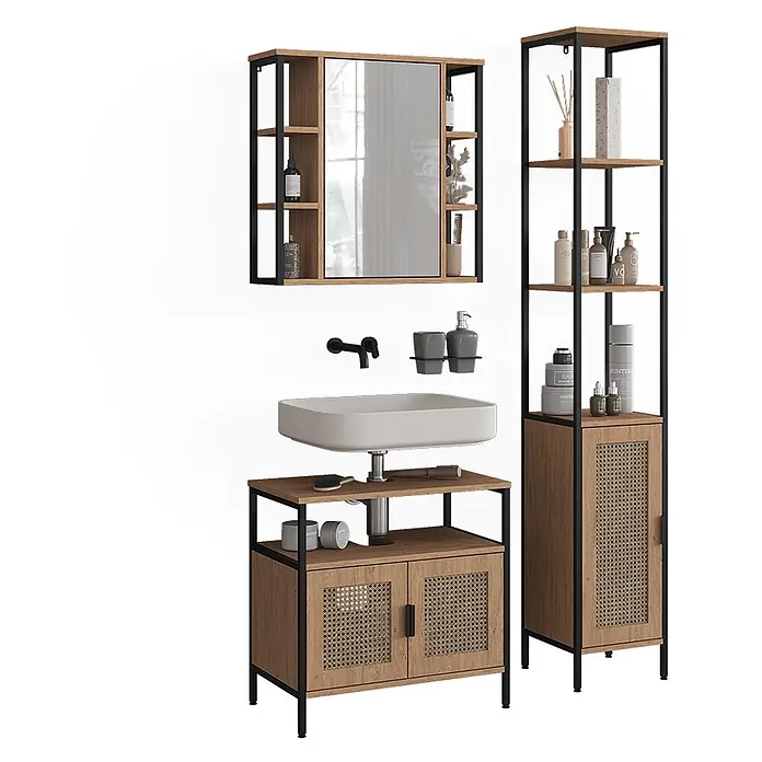 Vicco Badmöbel-Set - Eiche, Matt - Modernes Badmöbelset: Holzwaschtisch mit schwarzem Metallrahmen und Rattantüren, passender Spiegelschrank und hoher Stauraumschrank.