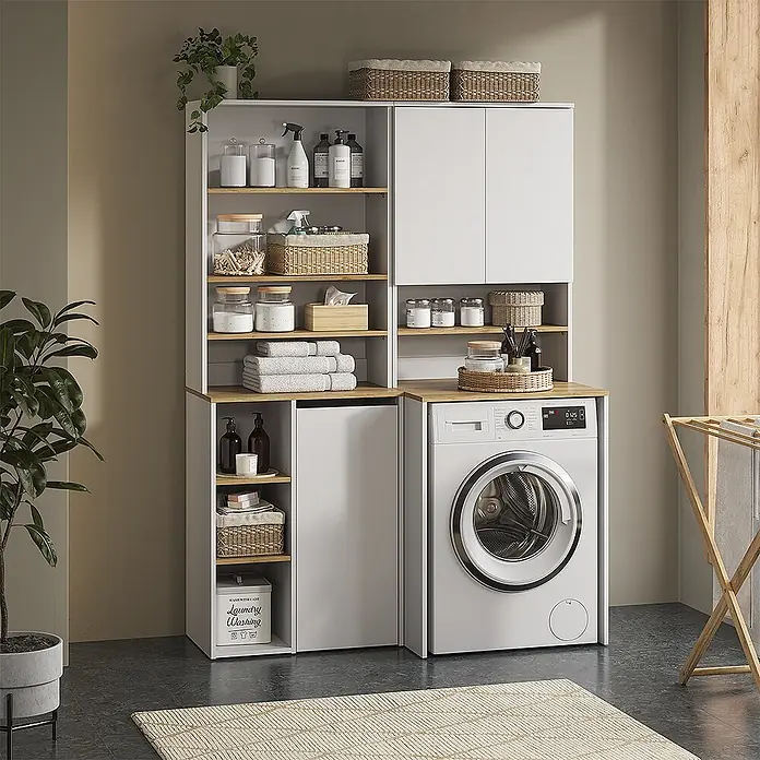 Vicco Badmöbel-Set Viktor, Weiß/Artisan-Eiche -  - Weiß-holzfarbenes modulares Waschküchenschranksystem mit Regalen und Platz für eine Waschmaschine, gefüllt mit Utensilien.
