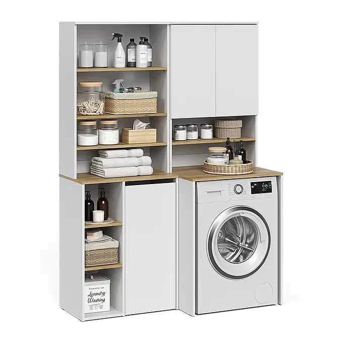Vicco Badmöbel-Set Viktor, Weiß/Artisan-Eiche -  - Weißer Waschküchenschrank mit Holzregalen und -schränken, passend für eine Waschmaschine.
