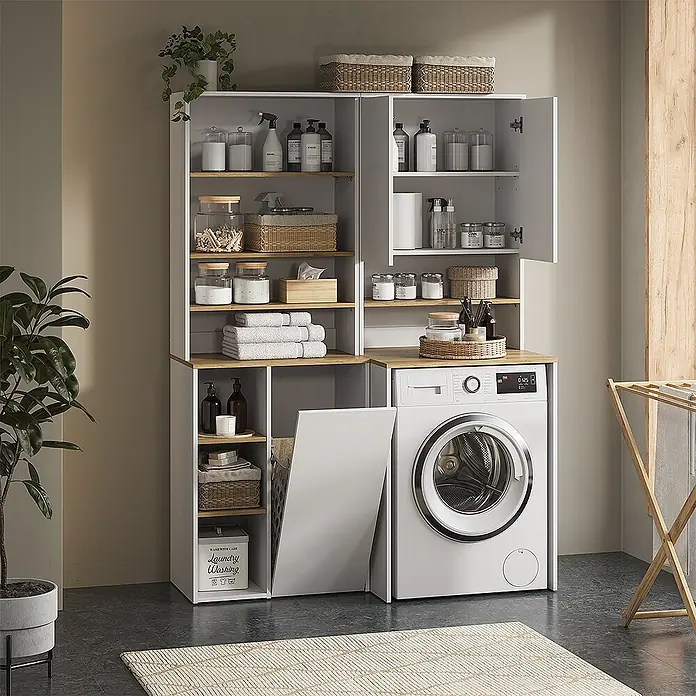 Vicco Badmöbel-Set Viktor, Weiß/Artisan-Eiche -  - Modulares weißes und holzfarbenes Waschküchen-Aufbewahrungssystem mit integrierter Waschmaschine und ausziehbarem Wäschesammler.