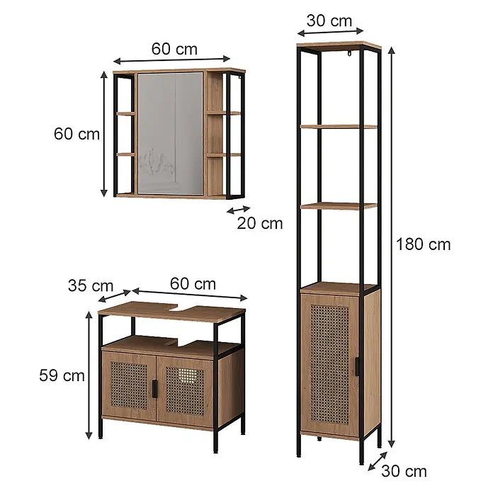Vicco Badmöbel-Set - Eiche, Matt - Modernes Badmöbelset in Eiche und schwarzem Metall, bestehend aus Spiegelschrank, Waschtischunterschrank und hohem Regal mit Rattantüren.