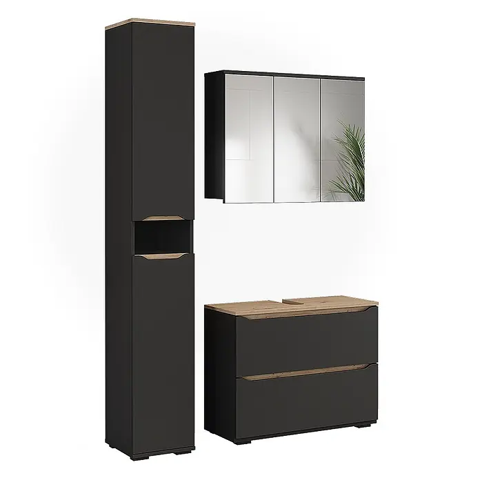 Badmöbel-Set Ruben 80.2 cm Anthrazit Art.-Nr. 65883 -  - Anthrazitfarbenes Badmöbelset mit hellen Holzdetails: Hochschrank, Spiegelschrank und Waschtischunterschrank mit Schubladen.