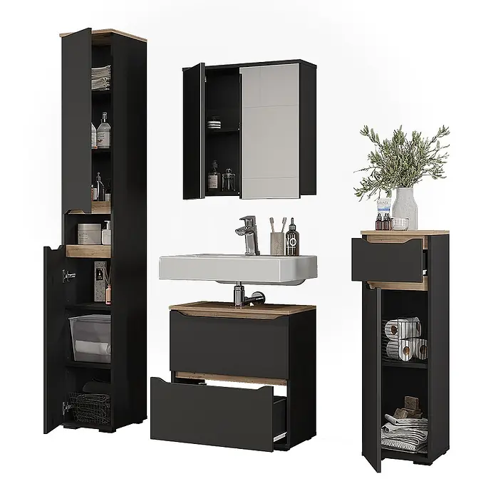 Vicco Badmöbel-Set Ruben, Anthrazit/Artisan-Eiche 60.2 cm -  - Dunkelgraue Badmöbel-Garnitur mit hellen Holzdetails: Hochschrank, Spiegelschrank, Waschtischunterschrank und Beistellschrank.