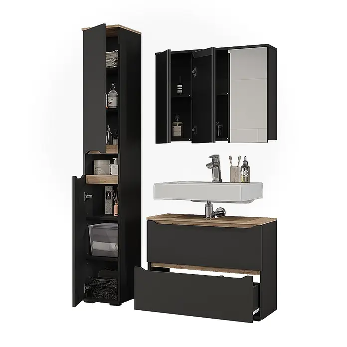 Badmöbel-Set Ruben 80.2 cm Anthrazit Art.-Nr. 65883 -  - Dunkelgraue Badmöbelgarnitur mit hellen Holzdetails: Hochschrank, Waschtischunterschrank und Spiegelschrank.