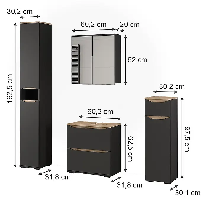 Vicco Badmöbel-Set Ruben, Anthrazit/Artisan-Eiche 60.2 cm -  - Dunkelgraue Badezimmermöbel-Set mit hellen Holzakzenten, inkl. Hochschrank, Wandschrank und Unterschränken, mit Maßen dargestellt.