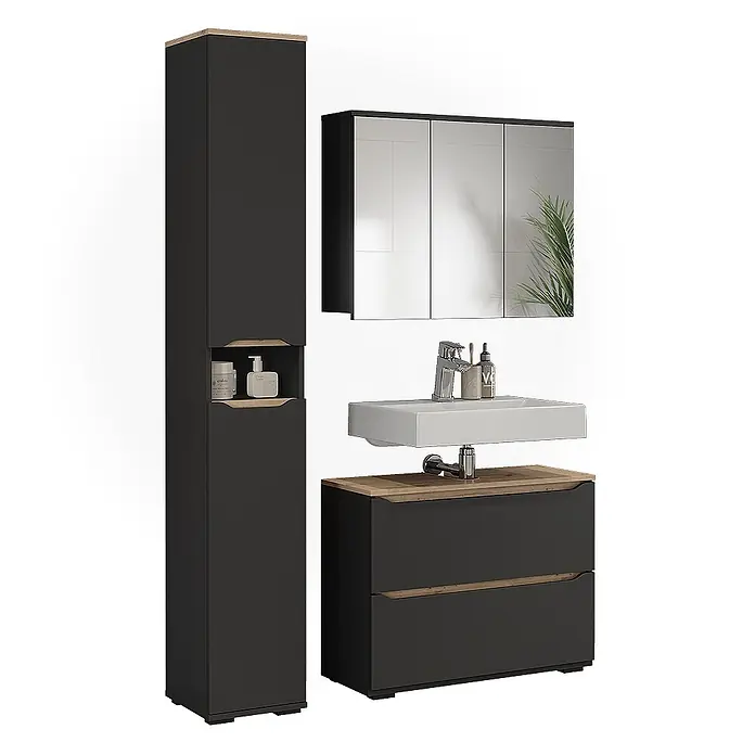 Vicco Badmöbel-Set Ruben, Anthrazit/Artisan-Eiche 80.2 cm -  - Modernes dunkelgraues Badmöbel-Set mit Holzdetails: Hochschrank, Spiegelschrank und Waschtischunterschrank mit Waschbecken.