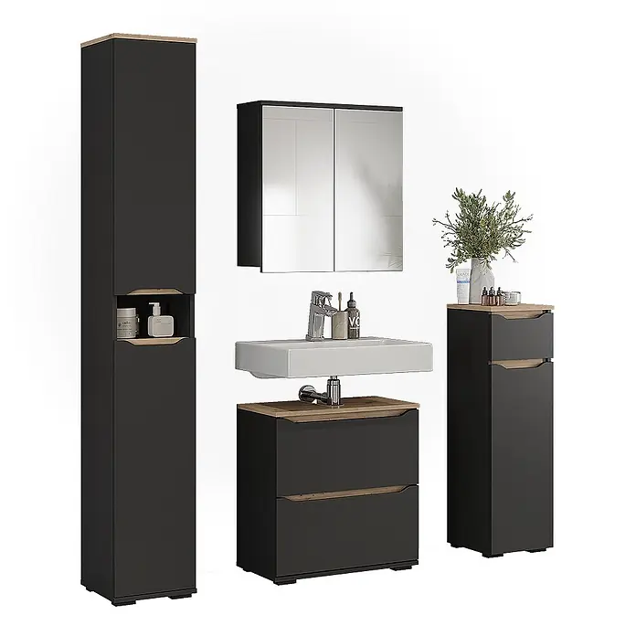 Vicco Badmöbel-Set Ruben, Anthrazit/Artisan-Eiche 60.2 cm -  - Dunkelgraues Badezimmermöbel-Set mit Holzapplikationen, bestehend aus Hochschrank, Waschtischunterschrank, Spiegelschrank und Kommode.
