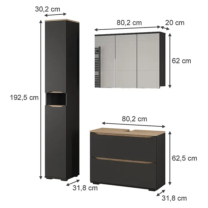 Badmöbel-Set Ruben 80.2 cm Anthrazit Art.-Nr. 65883 -  - Dunkelgraues Badmöbel-Set mit Holzdetails: Hochschrank, Wandschrank mit Handtuchhalter und Waschtischunterschrank.