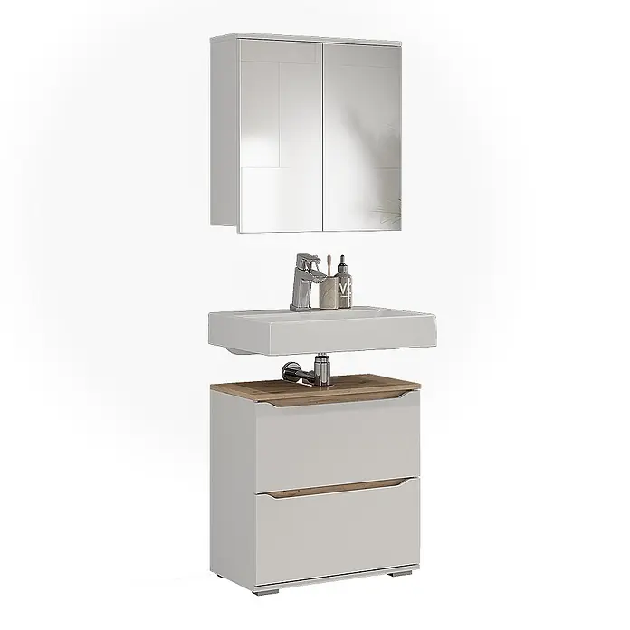 Vicco Badmöbel-Set Ruben, Weiß/Artisan-Eiche 60.2 cm -  - Modernes hellgraues Badmöbel-Set: Spiegelschrank, weißes Waschbecken mit Chromarmatur und Unterschrank mit zwei Schubladen und Holzdetails.