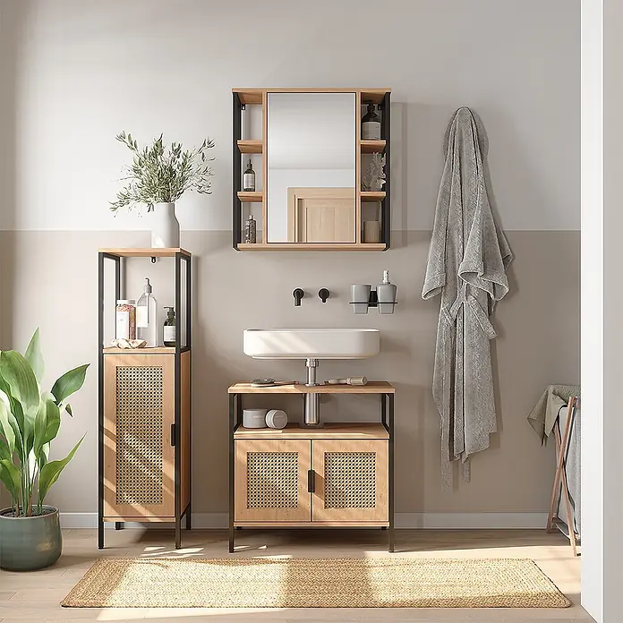 Vicco Badmöbel-Set - Eiche, Matt - Badezimmermöbel-Set aus hellem Holz mit Rattanfronten und schwarzen Metallrahmen, bestehend aus Hochschrank, Waschtischunterschrank und Spiegelschrank.