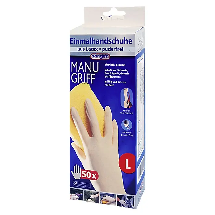 Sänger Einmalhandschuhe Manu Griff - L, Weiß, Latex, 50 Stk. - Verpackung Manu Griff Einmalhandschuhe aus Latex, puderfrei, Größe L, 50 Stück, elastisch, bequem und reißfest für optimalen Schutz.