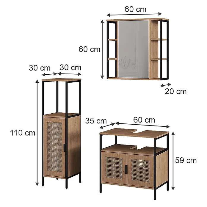 Vicco Badmöbel-Set - Eiche, Matt - Drei Badmöbel aus Holzoptik und schwarzem Metall mit Rattangeflecht-Türen und Spiegelschrank.
