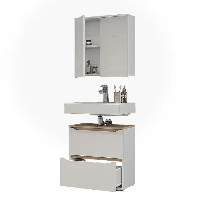 Vicco Badmöbel-Set Ruben, Weiß/Artisan-Eiche 60.2 cm -  - Hellgrauer Badschrank mit Holzoptik-Ablage, integriertem Waschbecken und Hängeschrank. Eine Schublade ist geöffnet.