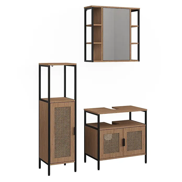 Vicco Badmöbel-Set - Eiche, Matt - Rustikal-industrielles Badmöbel-Set: helle Holzschränke mit schwarzem Metallrahmen und Lochtüren, inkl. Spiegel-, Hochschrank und Waschtischunterschrank.