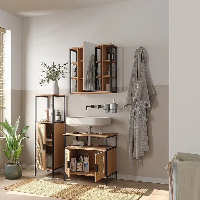 Vicco Badmöbel-Set - Eiche, Matt - Modernes Badezimmer-Set mit Waschtischunterschrank, Hochschrank und Spiegelschrank aus Naturholz, Schwarzmetallrahmen und Rattangeflecht für stilvollen Stauraum.