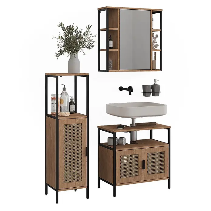 Vicco Badmöbel-Set - Eiche, Matt - Modernes Badmöbelset aus hellem Holz, schwarzen Metallrahmen und Rattan-Akzenten, mit Spiegelschrank, Hochschrank und Waschtischunterschrank.