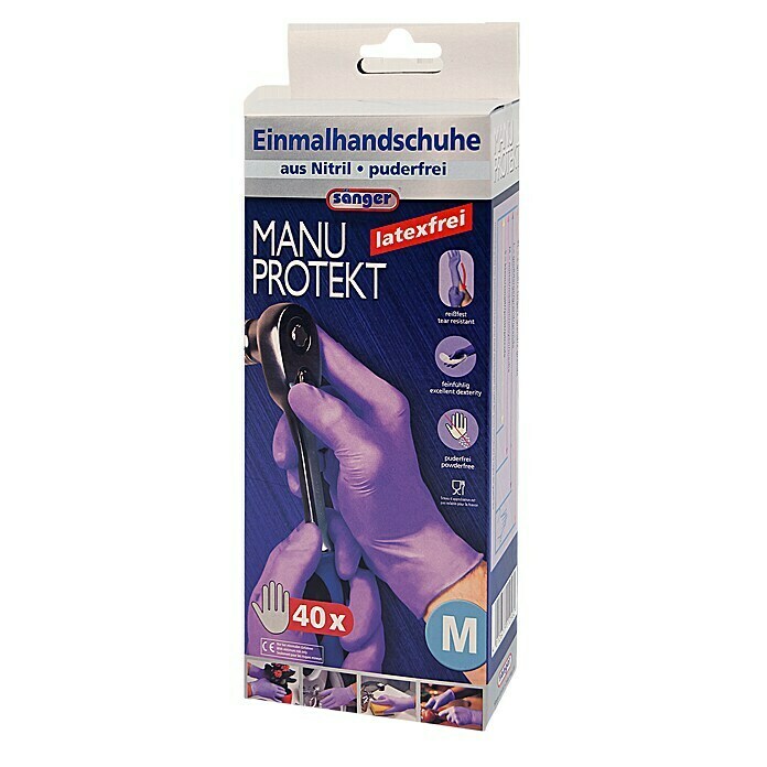 Sänger Einmalhandschuhe Manu ProtektGröße: M, 40 Stk., Nitril, Latexfrei Front View