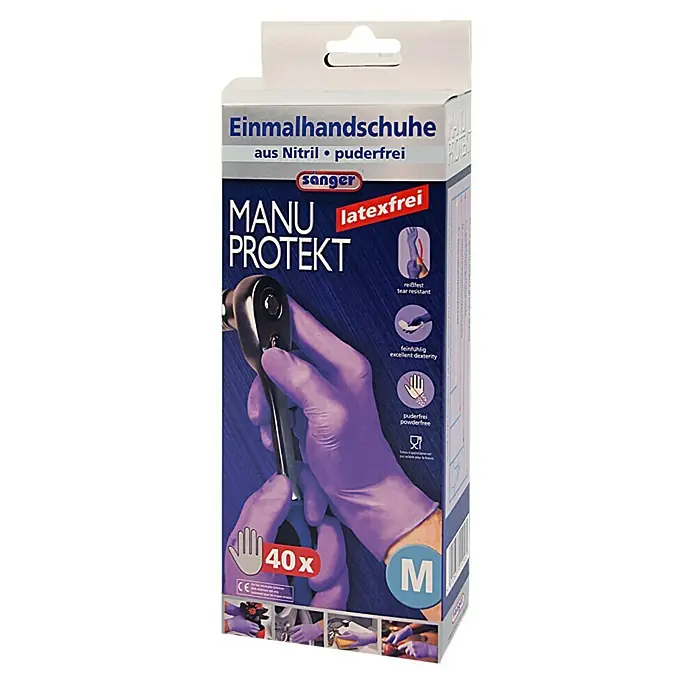 Sänger Einmalhandschuhe Manu Protekt - M, Lila, Nitril, 40 Stk. - Produktbild einer Packung Manu Protekt Einmalhandschuhe aus Nitril, puderfrei, latexfrei, Größe M, 40 Stück.