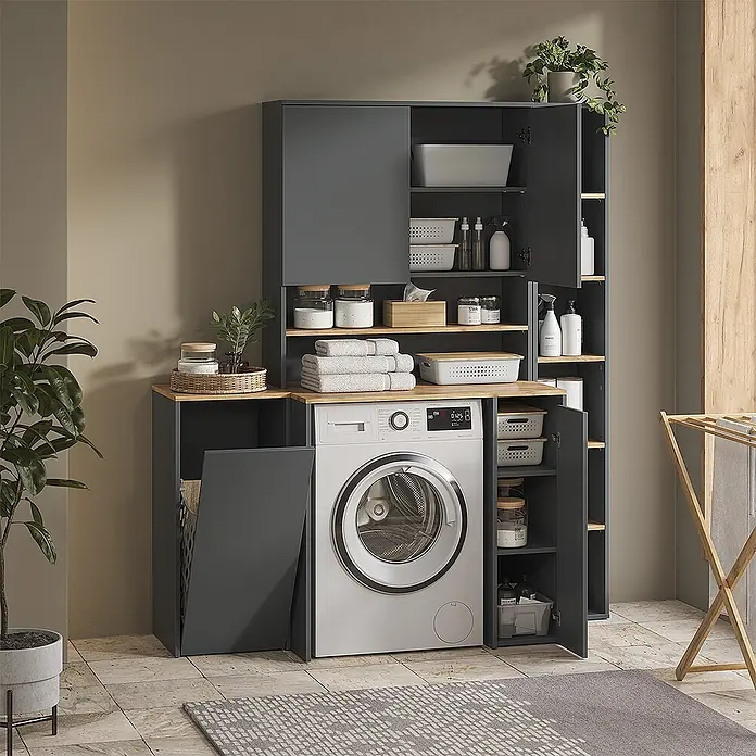 Vicco Badmöbel-Set Viktor, Anthrazit/Goldkraft Eiche -  - Dunkelgraues Wäscheschrank-System mit Holzdetails, integrierter Waschmaschine und Stauraum.