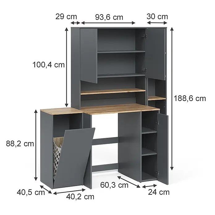 Badmöbel-Set Viktor 30 cm Anthrazit Art.-Nr. 59169 -  - Grauer und holzfarbener Schreibtisch mit integrierten Regalen, Staufächern und hohem Aufsatz.