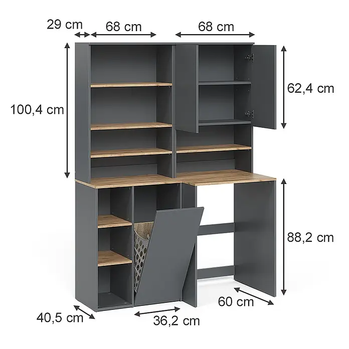 Badmöbel-Set Viktor 68 cm Anthrazit Art.-Nr. 59170 -  - Graues und Eichen-Look L-förmiges Schreibtischregal mit offenen Fächern, geschlossenem Schrank und kippbarem Stauraum.