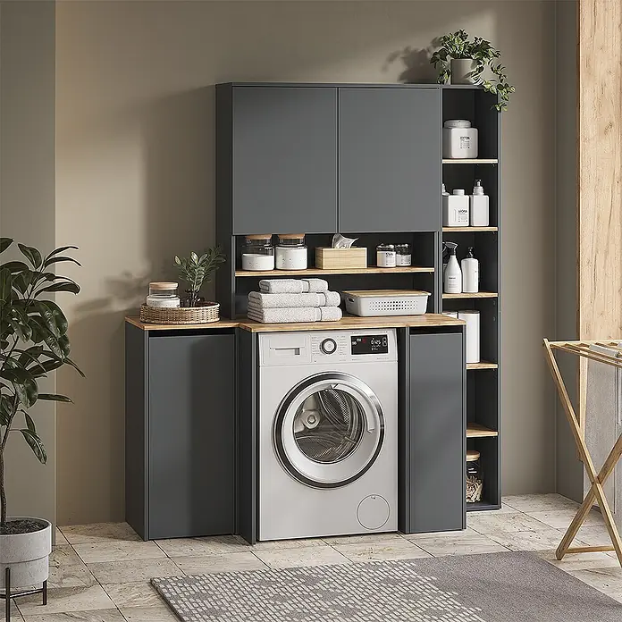 Vicco Badmöbel-Set Viktor, Anthrazit/Goldkraft Eiche -  - Dunkelgraues Waschküchen-Aufbewahrungssystem mit hellen Holzdetails, das eine Waschmaschine und Regale integriert.