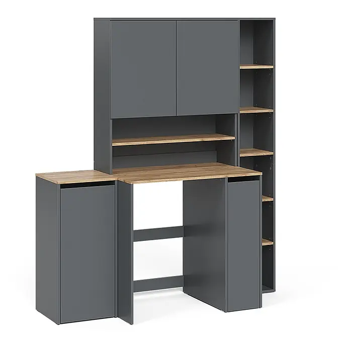 Badmöbel-Set Viktor 30 cm Anthrazit Art.-Nr. 59169 -  - Dunkelgraue modulare Schreibtischkombination mit Holzoptik-Arbeitsplatte und Regalen, inklusive Hängeschränken und Seitenregal.