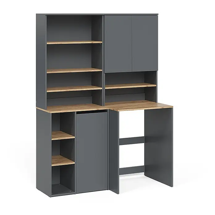 Badmöbel-Set Viktor 68 cm Anthrazit Art.-Nr. 59170 -  - Dunkelgraue modulare Schreibtisch- und Aufbewahrungseinheit mit hellen Holzregalen, inklusive Arbeitsplatz, offenen Fächern und geschlossenen Schränken.