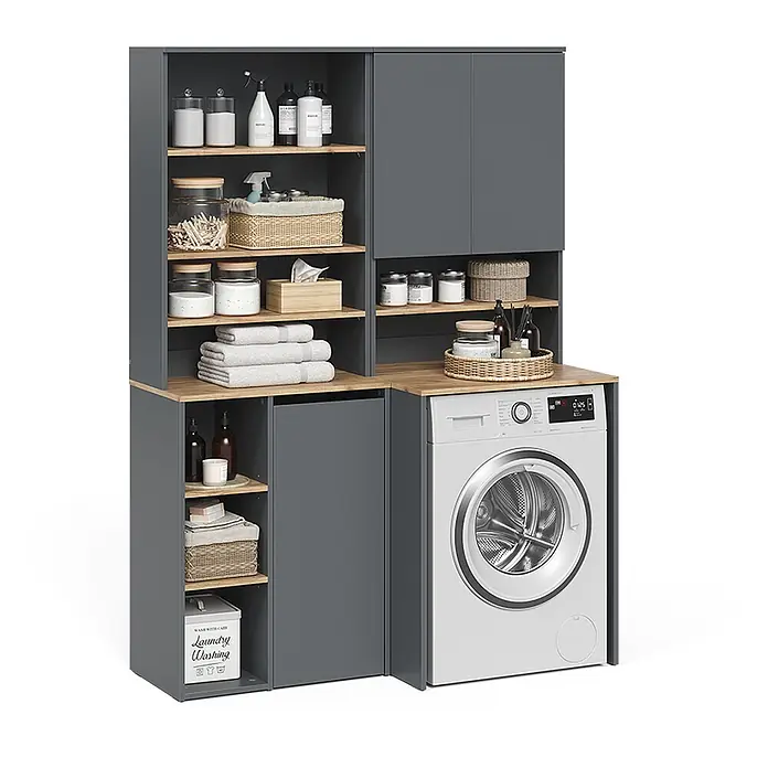 Vicco Badmöbel-Set Viktor, Anthrazit/Goldkraft Eiche -  - Dunkelgrauer Wäscheschrank mit hellen Holzdetails, bietet Regale, Schränke und Platz für eine Waschmaschine.