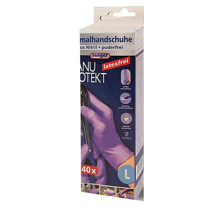 Sänger Einmalhandschuhe Manu Protekt - L, Lila, Nitril, 40 Stk. - Box mit Senger Malhandschuhe, puderfreie Nitrilhandschuhe, latexfrei, Größe L, 40 Stück. Reißfest und mit ausgezeichnetem Tastgefühl.