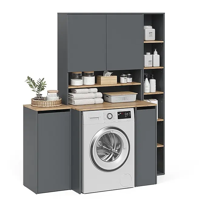 Badmöbel-Set Viktor 30 cm Anthrazit Art.-Nr. 59169 -  - Dunkelgraues Waschküchen-Aufbewahrungssystem mit Holzakzenten, integrierter Waschmaschine und verschiedenen Regalen zur Organisation.