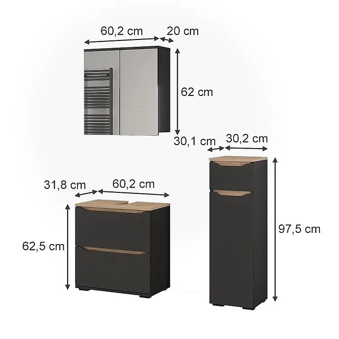 Badmöbel-Set Ruben 60.2 cm Anthrazit Art.-Nr. 65874 -  - Anthrazitfarbenes Badmöbel-Set mit Holzdekor-Platten: Hängeschrank mit Handtuchhalter, Waschtischunterschrank und Hochschrank.