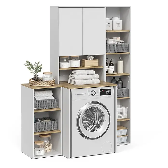 Vicco Badmöbel-Set Viktor, Weiß/Artisan-Eiche -  - Weißes Waschküchen-Aufbewahrungssystem mit Holzdetails, um eine Waschmaschine herum. Mit Regalen, Schränken und Arbeitsplatte.