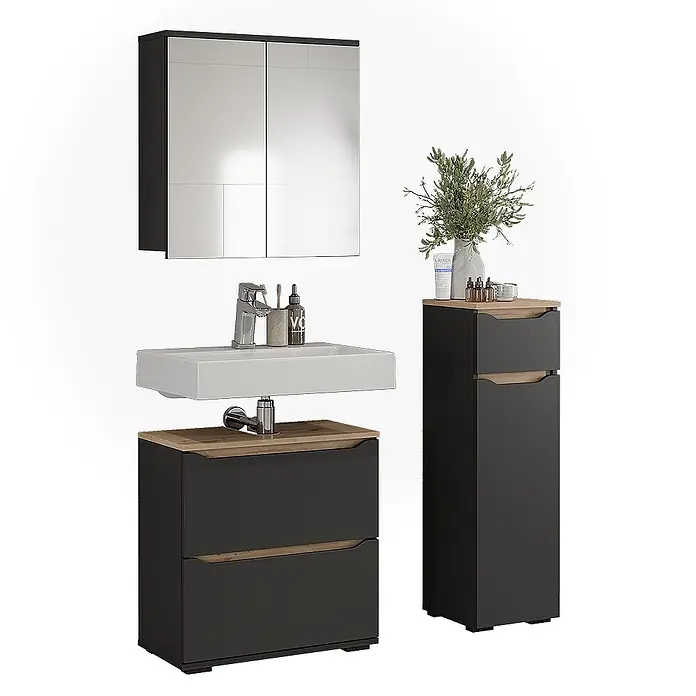 Badmöbel-Set Ruben 60.2 cm Anthrazit Art.-Nr. 65874 -  - Anthrazitfarbenes Badmöbel-Set: Waschtisch mit weißem Waschbecken, Holzplatte, Hochschrank und Spiegelschrank.