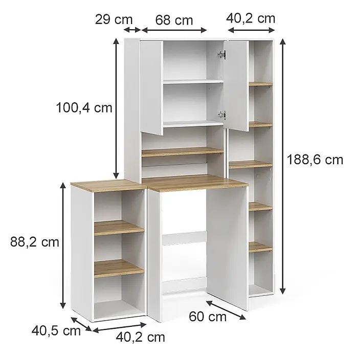 Vicco Badmöbel-Set Viktor, Weiß/Artisan-Eiche -  - Weißer und heller Holzschreibtisch mit integrierten Regalen und Schrank, Maße dargestellt.