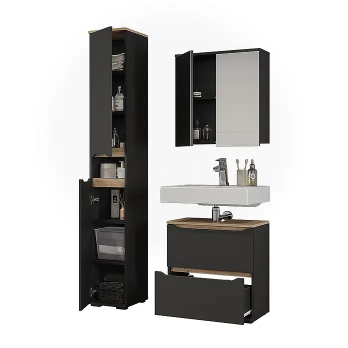 Vicco Badmöbel-Set Ruben, Anthrazit/Artisan-Eiche 60.2 cm -  - Badmöbelset in Dunkelgrau und Eiche: Hochschrank, Spiegelschrank, Waschtischunterschrank mit Waschbecken, teilweise geöffnet.