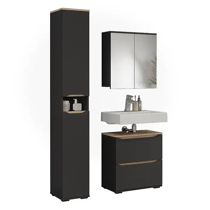 Vicco Badmöbel-Set Ruben, Anthrazit/Artisan-Eiche 60.2 cm -  - Modernes dunkelgraues Badmöbel-Set mit Holz-Akzenten: Hochschrank, Spiegelschrank und Waschtischunterschrank mit Waschbecken.