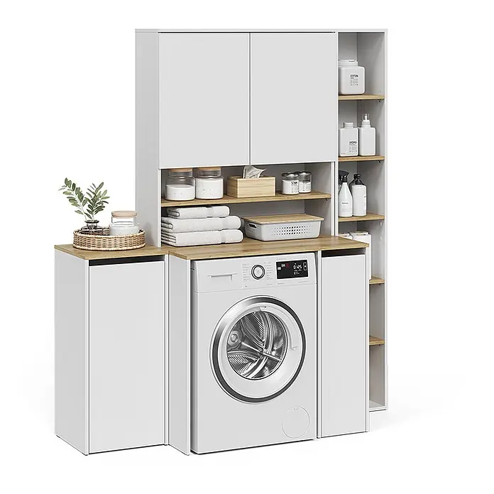 Vicco Badmöbel-Set Viktor, Weiß/Artisan-Eiche -  - Weißes Waschküchen-Aufbewahrungssystem mit Holzplatten und Regalen, inkl. Oberschränken und integrierter Waschmaschine.